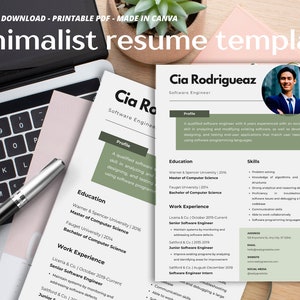 May include: A minimalist resume template with the text "Minimalist resume template" at the top. The resume is light green and white, with a photo of a person in the top right corner. A laptop and pen are in the background.
