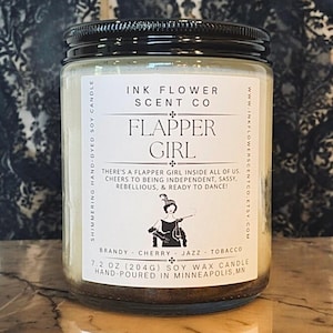 Flapper Girl Soy Wax Candle | Roaring 20s Decor | Vintage Inspired Home Fragrance | Art Deco Candle Gift | in 8 oz Glass Jar with Lid