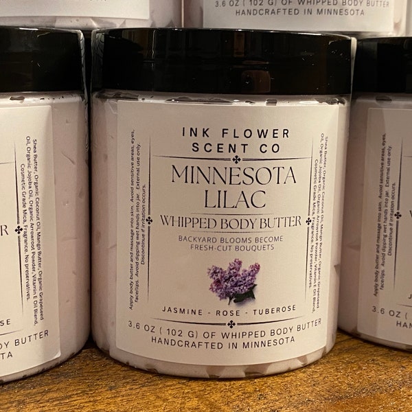 Minnesota Lilac lightly Scented Moisturizing Whipped Body Butter, Skin Pampering, No Preservatives Mostly Organic Ingredients In 8 oz Jar,