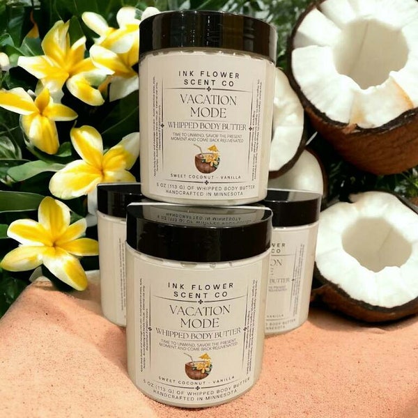 Creamy Coconut Scented Whipped Body Butter Vacation Mode Moisturizing Skin Pampering No Preservatives Mostly Organic Ingredients in 8 oz Jar