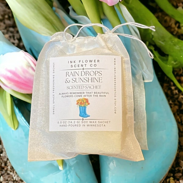 Rain Drops & Sunshine Scented Soy Wax Sachet | Eco-friendly Tea Bag Scented Sachet | Tulip Rain Scent | Small Space Refresher | 0.5 oz