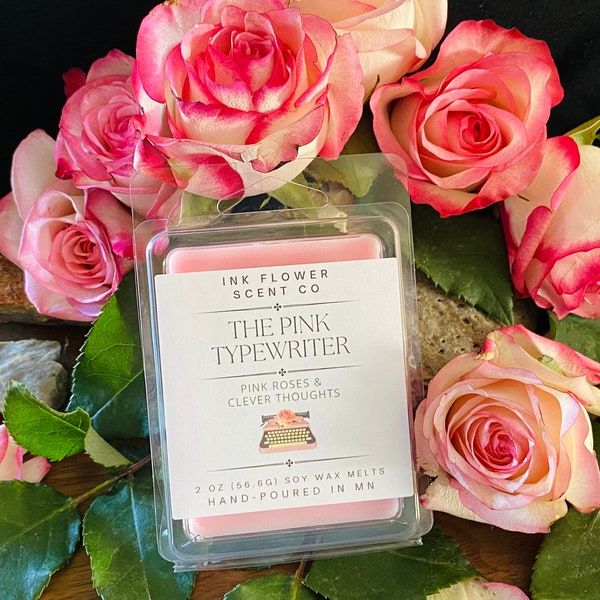 THE PINK TYPEWRITER Scented Soy Wax Melt, Literary Gifts, Rose Scented tarts, Writer's Gift, Phthalates Free Fragrance , Over-poured 2 oz