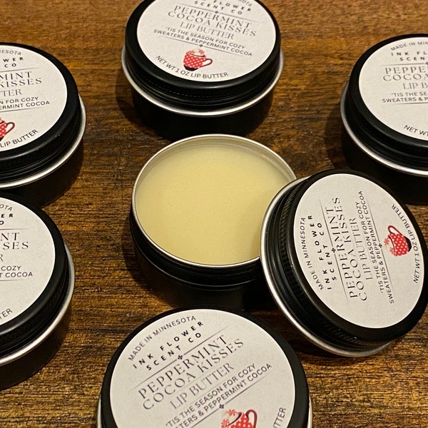 Peppermint Cocoa Kisses Lip Butter in 1 oz Tin, Peppermint Essential Oil & Cocoa Butter Scented Lip Balm 4 ingredients with No Preservatives