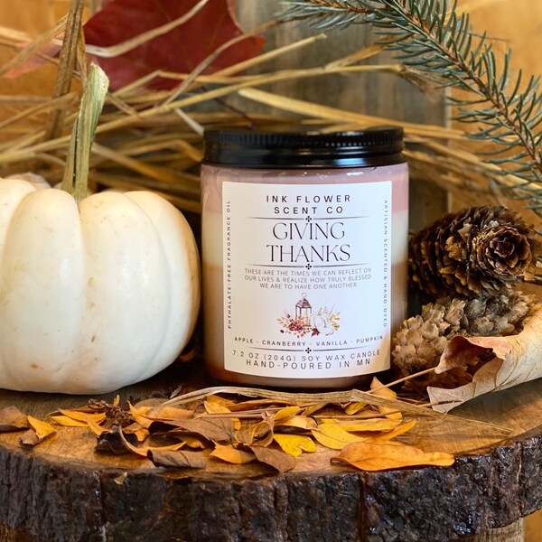 Giving Thanks Triple Layer Soy Wax Candle 8 oz Glass Jar | Perfect Thanksgiving Host or Hostess Gift | Phthalate Free Shimmering Mica Candle