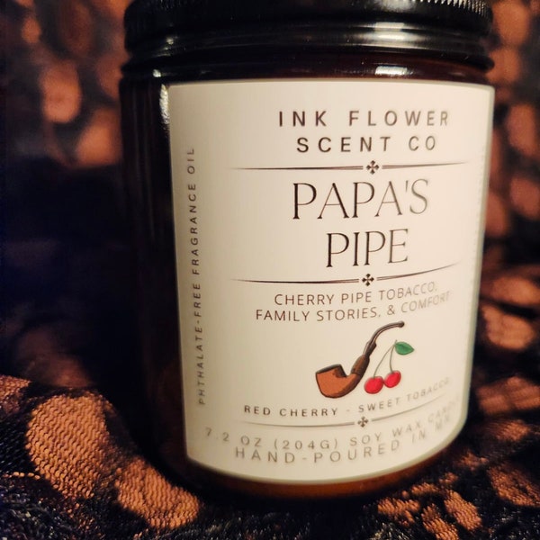 Papa’s Pipe Soy Wax Candle in Amber 8 oz Jar | Cherry Tobacco Scent | Sophisticated Luxurious Man Cave Candle | Light Scent