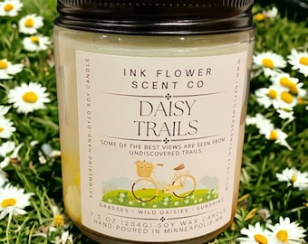 DAISY TRAILS Springtime Shimmering Soy Wax Candle | Wild Daisy Sunshine Grass Scented | Bike Lover's Candle | Gift Ideas | In 8 Oz Glass Jar