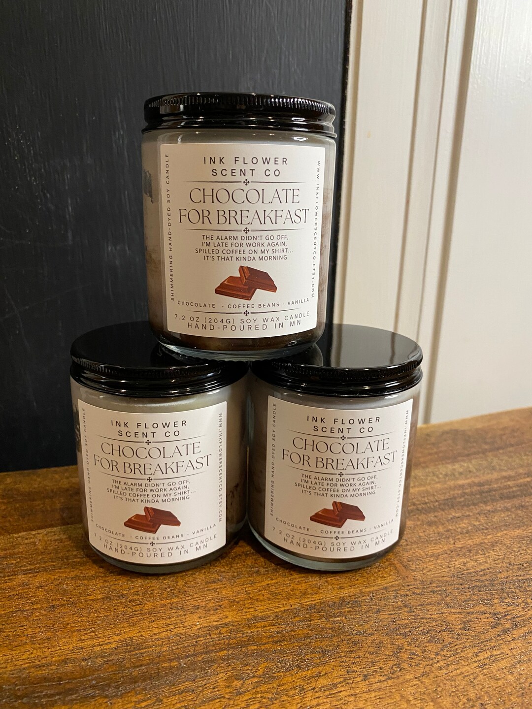 Chocolate for Breakfast 8 Oz Glass Jar Soy Wax Candle Late for Work