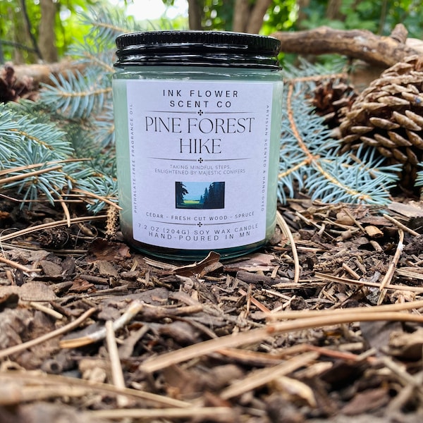Pine Forest Hike Scented Soy Wax Candle | Spruce Scented Candle |  Forest Scented Nature Lover Gift Idea, Literary Gift, in 8 oz Glass Jar