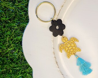 Handmade Sea Turtle and Flower Polymer Keychain | Flowers | Sea Turtle | Polymer Clay | Keychain | Car Accessory