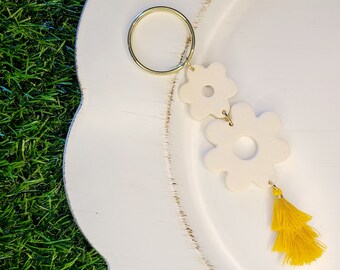 Handmade White Glitter Flower Polymer Keychain | Flowers | White Glitter | Polymer Clay | Keychain | Car Accessory