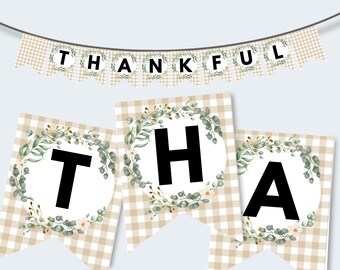 Bannière de Thanksgiving imprimable, bannière de remerciement DIY, guirlande de Thanksgiving à carreaux Buffalo, décorations imprimables pour Thanksgiving, téléchargement immédiat
