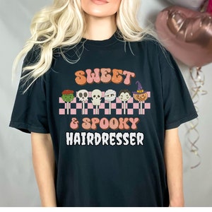 Dolce spettrale parrucchiere unisex Comfort colori pesante t-shirt Halloween parrucchiere tee salon negozio gruppo camicie regalo per il suo compleanno