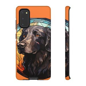 May include: An orange phone case featuring a stylized illustration of a black dog with brown eyes. The dog's portrait is set against a stained-glass style background with orange, yellow, and blue hues. The case has a sleek, protective design.