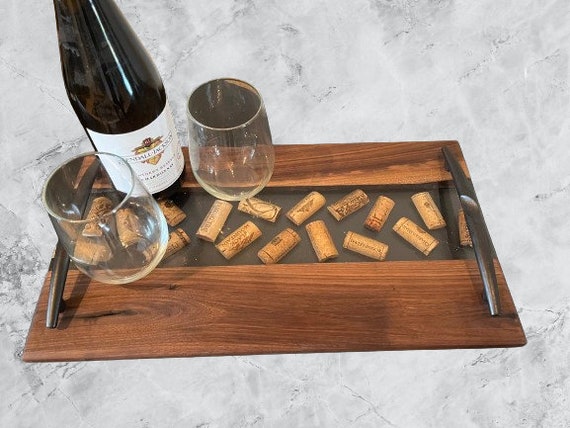 Wine Cork Walnut Epoxy River charcuterie board/ serving tray