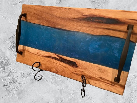Vibrant Blue Hickory Epoxy River charcuterie board/ serving tray