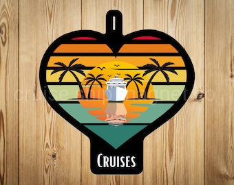 May include: A heart-shaped design with a sunset and palm trees. A cruise ship is sailing in the ocean. The text "CRUISES" is at the bottom of the design.