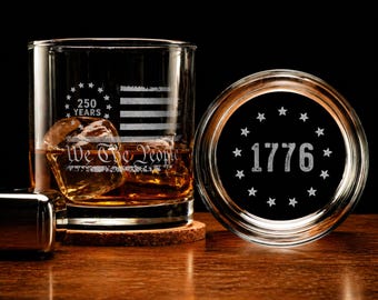 We the People Flag Whiskey Glass | 10.5oz Engraved Glass | America 250th Anniversary Patriotic Gift