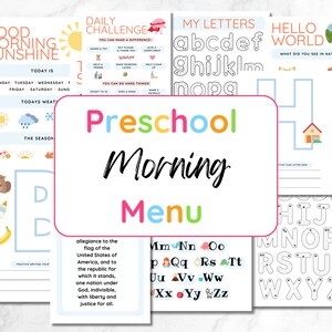 Preschool morning menu printable, preschool worksheets, homeschool printable, homeschool preschool, homeschool menu, alphabet printable