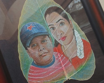 Custom portrait from photo watercolour drawing on bodhi leaf, picture into art couple watercolour painting gift for Wedding anniversary