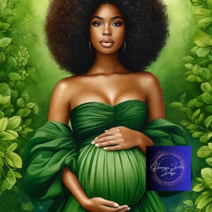 Download digital, sessão de fotos de maternidade verde, clipart afro-americano, convites, copos, capa de caderno, cartões, sacola de presente e uso comercial