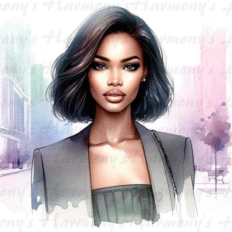 May include: Watercolor illustration of a woman with short, dark hair and a gray blazer. The artwork features a cityscape background with soft pastel colors. The woman is wearing a dark top and a chain strap bag. The style is elegant and sophisticated.