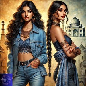 May include: Digital art featuring two women in denim outfits, adorned with gold jewelry and henna tattoos. One wears a denim jacket, the other a strapless top. The background depicts an Indian palace, with a warm, golden color palette.