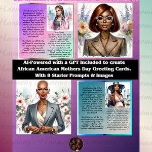May include: An advertisement for African American Mother's Day greeting cards. The image features illustrations of women, text, and the Etsy shop URL. The text promotes personalized cards created with AI and includes starter prompts.