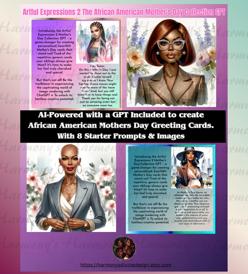 May include: An advertisement for African American Mother's Day greeting cards. The image features illustrations of women, text, and the Etsy shop URL. The text promotes personalized cards created with AI and includes starter prompts.