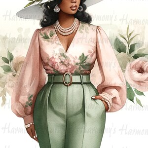 May include: Watercolor illustration of a woman in a wide-brimmed hat adorned with flowers. She wears a floral blouse, green pants, and a belt. Pearl jewelry and a bracelet complete the elegant ensemble. The overall theme is fashion and style.