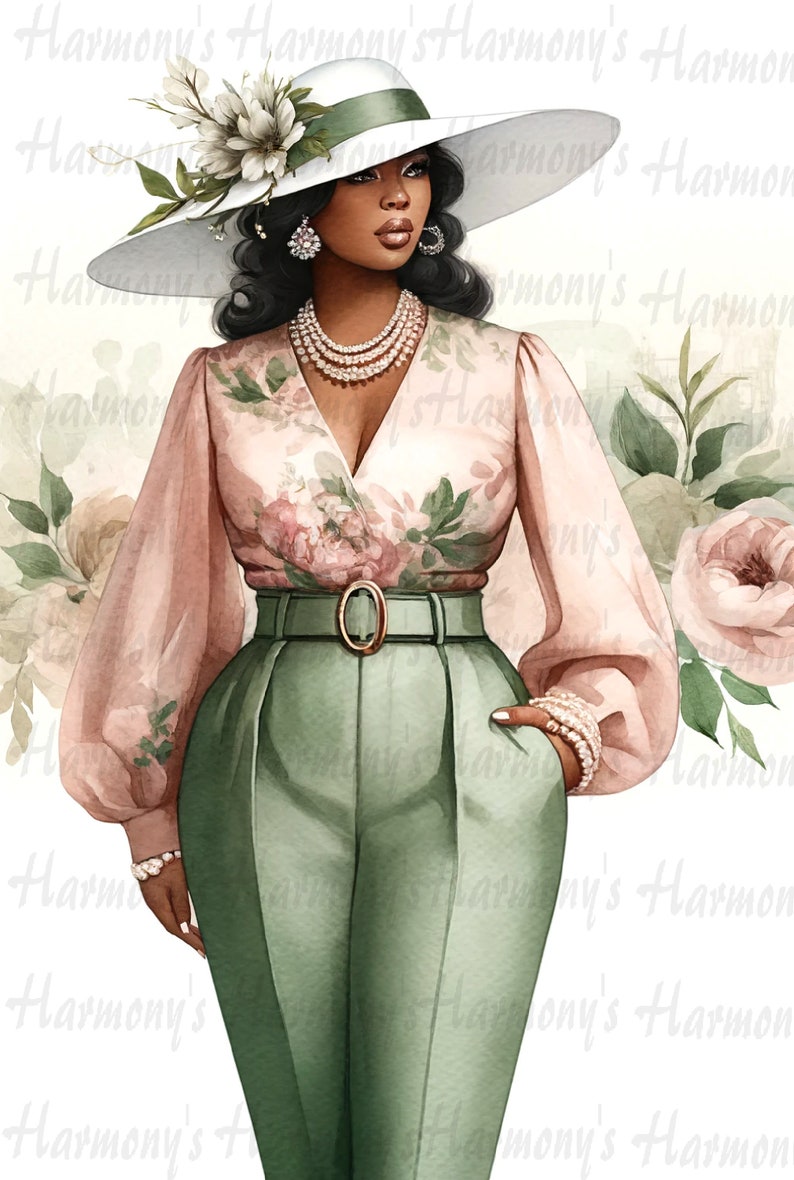 May include: Watercolor illustration of a woman in a wide-brimmed hat adorned with flowers. She wears a floral blouse, green pants, and a belt. Pearl jewelry and a bracelet complete the elegant ensemble. The overall theme is fashion and style.