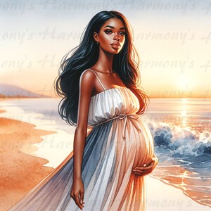 May include: Watercolor painting of a pregnant person on a beach at sunset. The person has long black hair and is wearing a flowing white and blue dress. The artwork captures the serene beauty of pregnancy and the ocean.