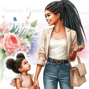 May include: Watercolor illustration of a woman and a young girl holding hands. The woman wears a striped blazer, jeans, and carries a purse. The girl wears a dress. A bouquet of flowers is on the left.