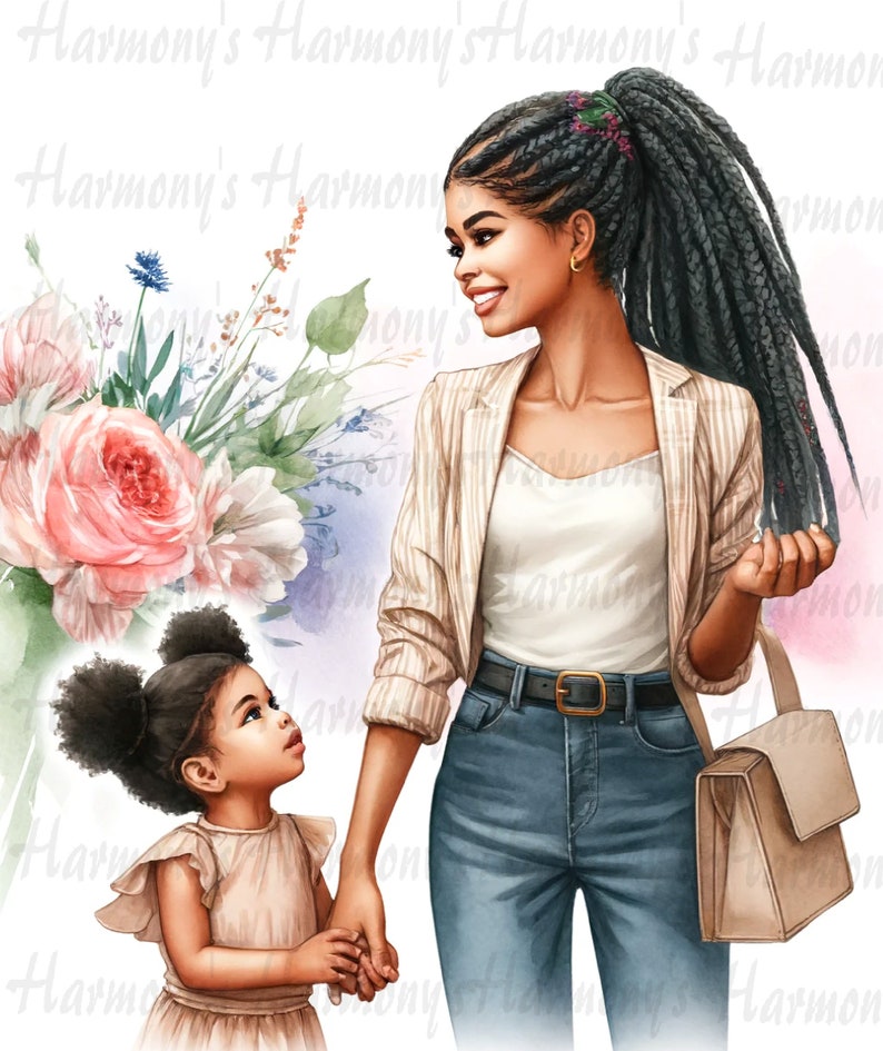 May include: Watercolor illustration of a woman and a young girl holding hands. The woman wears a striped blazer, jeans, and carries a purse. The girl wears a dress. A bouquet of flowers is on the left.