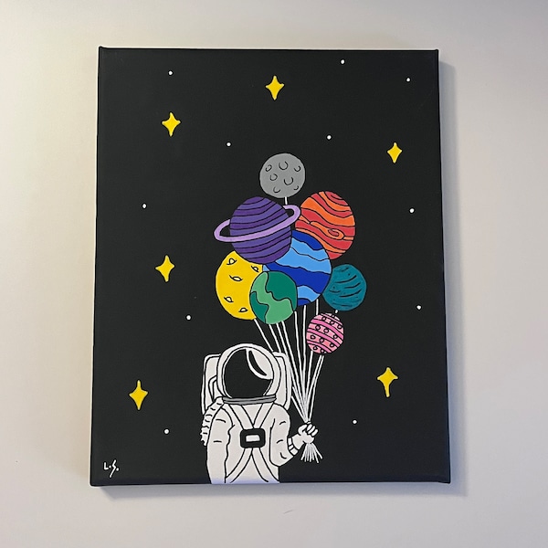 Original Handmade Celestial Astronaut Galaxy Planet Balloons 8x10 inch Acrylic Canvas Painting