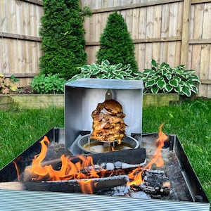 Outdoor Vertical Rotisserie!  Best camping and backyard cooking accessory! Solo stove and Breeo Compatible. Smoke, Grill, Sear!