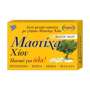 May include: Yellow bar of soap with a Greek flag, the words "Mastic Soap" and "Masticha Chiou" in black text, and the words "Ideal for all!" in black text. The soap is labeled as "Natural Vegetable Soap with Genuine Mastic of Chios".