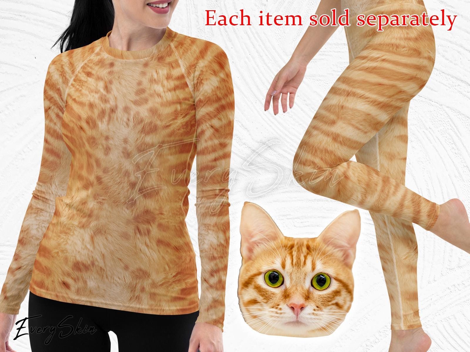 Furry Print Orange Cat Costume Tiger Costume Rash Guard Yoga Leggings Realistic Striped Orange Tabby Fur Cat Costume for Halloween