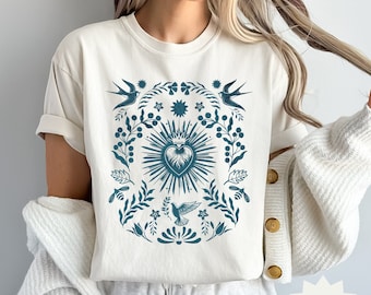 Boho floral Christian tshirt sacred heart gift catholic trendy tee religious shirt bible verse faith apparel garden lover comfort colors tee