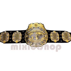 May include: A gold and silver championship belt with the text "HEAVYWEIGHT CHAMPION" and "IWGP" on the front. The belt has a black leather strap and several gold and silver decorative plates. The image also includes the text "mixioshop".