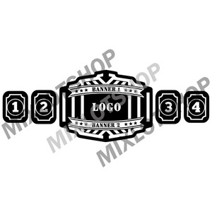 May include: Black and white championship belt design with the text "LOGO" in the center. The design includes banners, stars, and numbered sections. The words "BANNER 1" and "BANNER 2" are also visible.