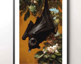 Hanging Bat Art Print: Dark Botanical Gothic Wall Decor (Digital Download)