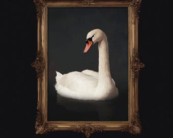 Vintage White Swan Print, Moody Animal Oil Painting, Dark Cottagecore Wall Art Digital Download