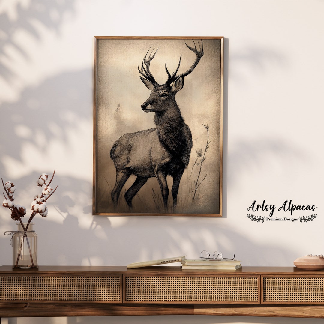 Vintage Deer Sketch Oil Painting Art, Aesthetic Painting Rustic Oil ...