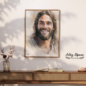 Jesucristo sonriente retrato acuarela pintura arte, pintura estética, lienzo digital descargar pintura de decoración imprimible.