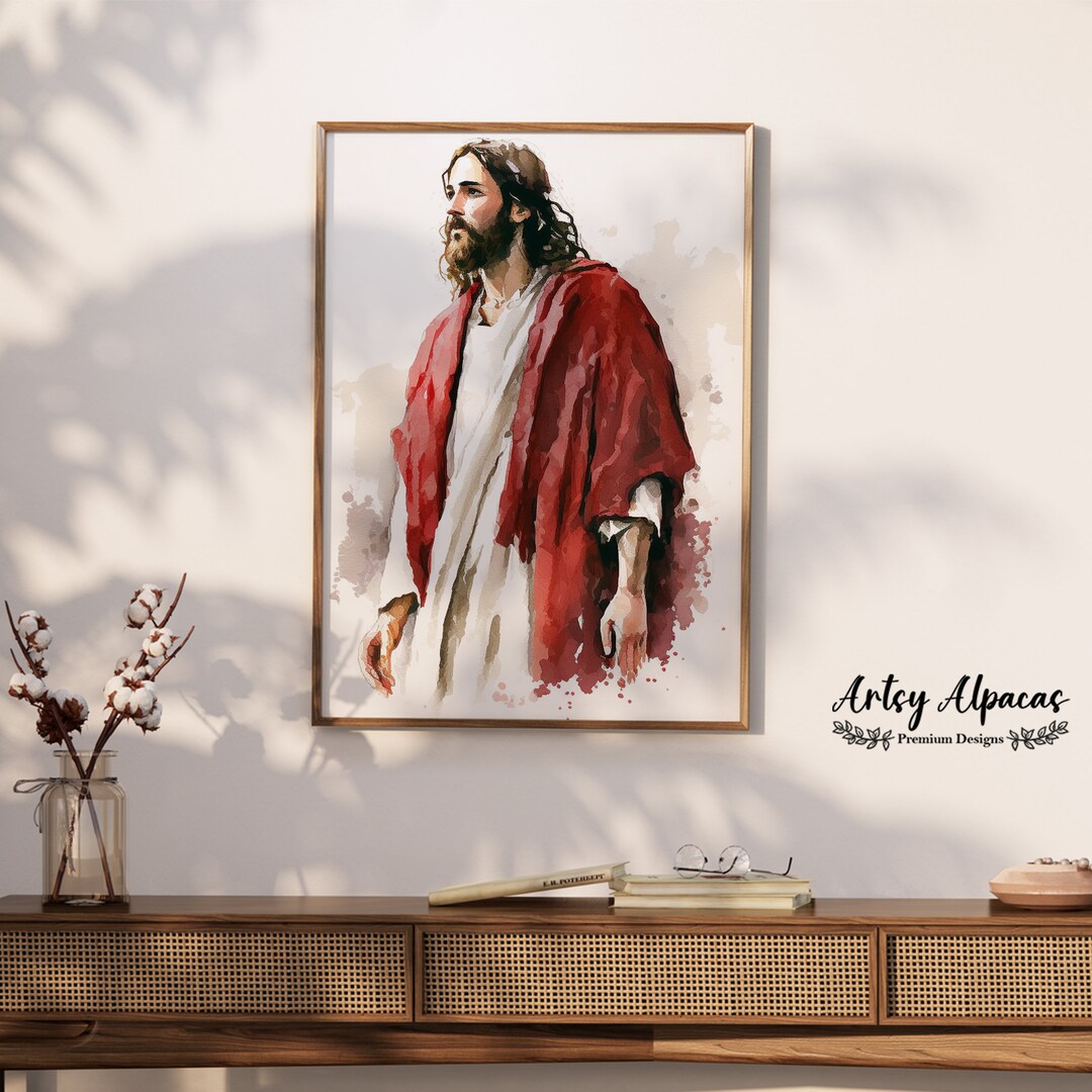 Christ In Red Robe Watercolor Jesus Christ Portrait in Red Robe, Watercolor Painting Art ...