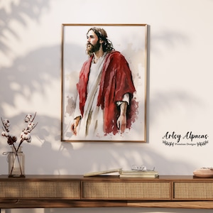 Watercolor Jesus Christ Portrait in Red Robe, Watercolor Painting Art, Aesthetic Painting, Canvas Digital Download Printable Decor Painting.