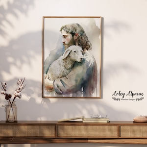 Watercolor Jesus Christ Holding a Lamb Painting Art, Aesthetic Painting, Canvas Digital Download Printable Decor Painting.