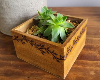 May include: A wooden planter box with a vine design burned into the wood. The planter is filled with small stones and a succulent plant.