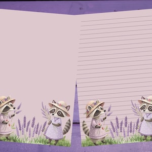 Papel de carta com guaxinins lavanda A5, pautado/sem pauta, suprimentos para correspondência