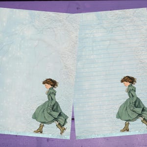 May include: Two-page stationery set featuring a vintage illustration of a girl ice skating. The girl is wearing a green dress and brown boots. The background of one page has a winter scene with a tree, while the other has blue lines.